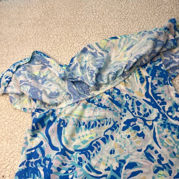 Lilly Pulitzer One Shoulder Blue White Ruffle Seashell Print Top XS - Picture 4 of 9